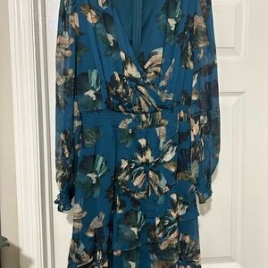 Harper Teal Floral Long Sleeve Wrap Tiered Dress